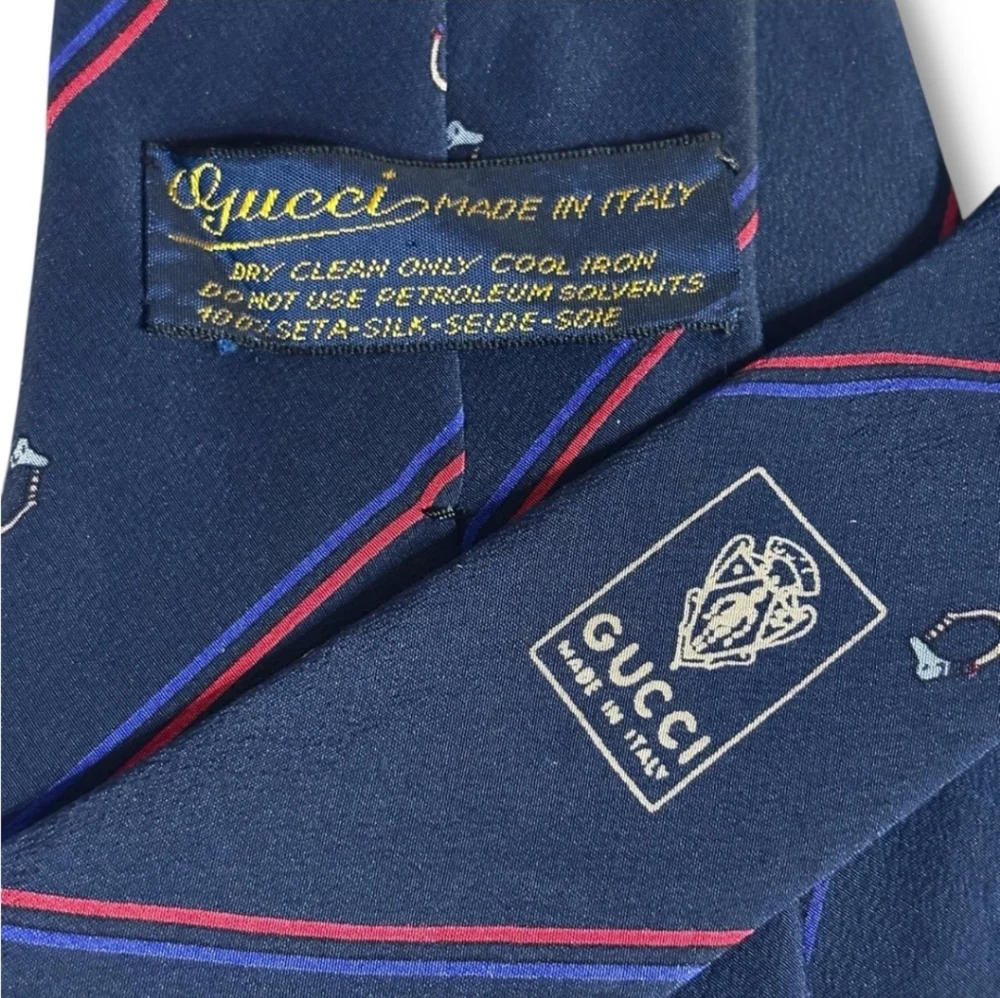 GUCCI Navy Silk Tie with Stripes & Circle Bit Pattern VINTAGE